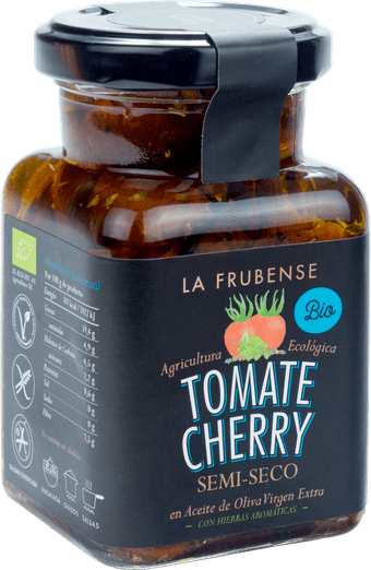 Jar of seasoned cherry tomato in olive oil by La Frubense