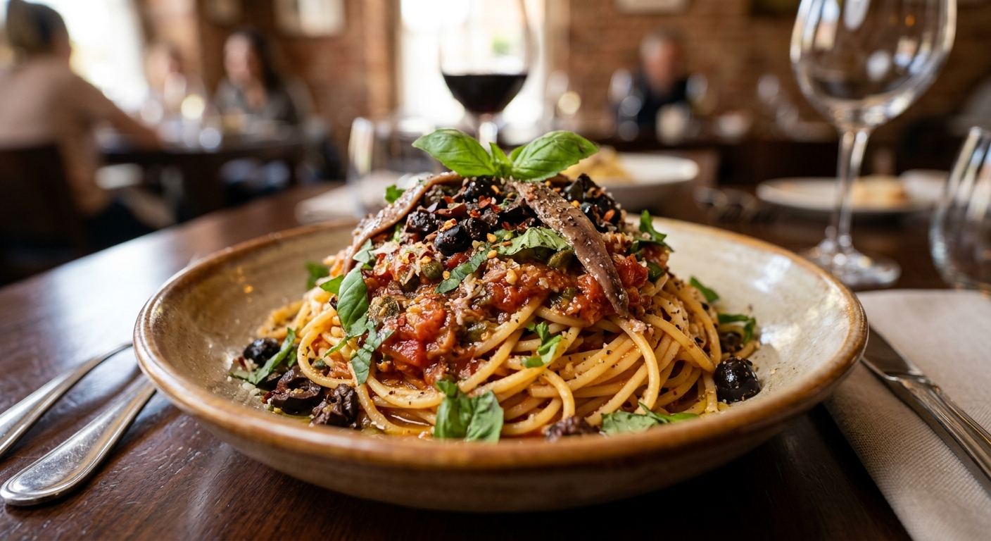 Spaghettis à la sauce tomates séchées et anchois
