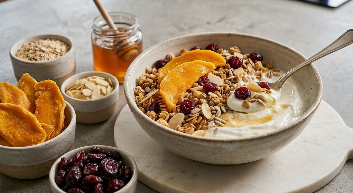 Bol de yaourt au granola de mangue et myrtille