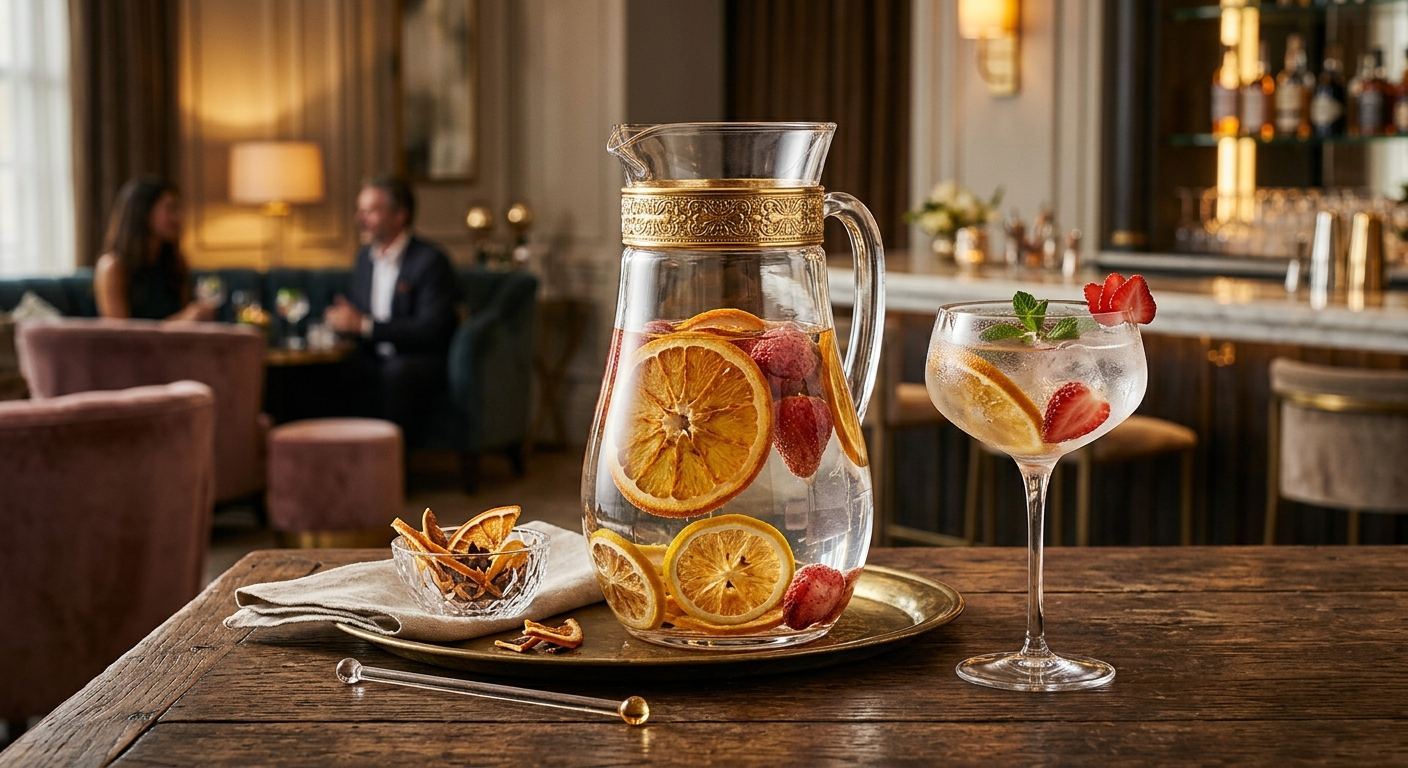 Carafe d'eau aromatisée aux tranches d'orange, citron et fraise déshydratés