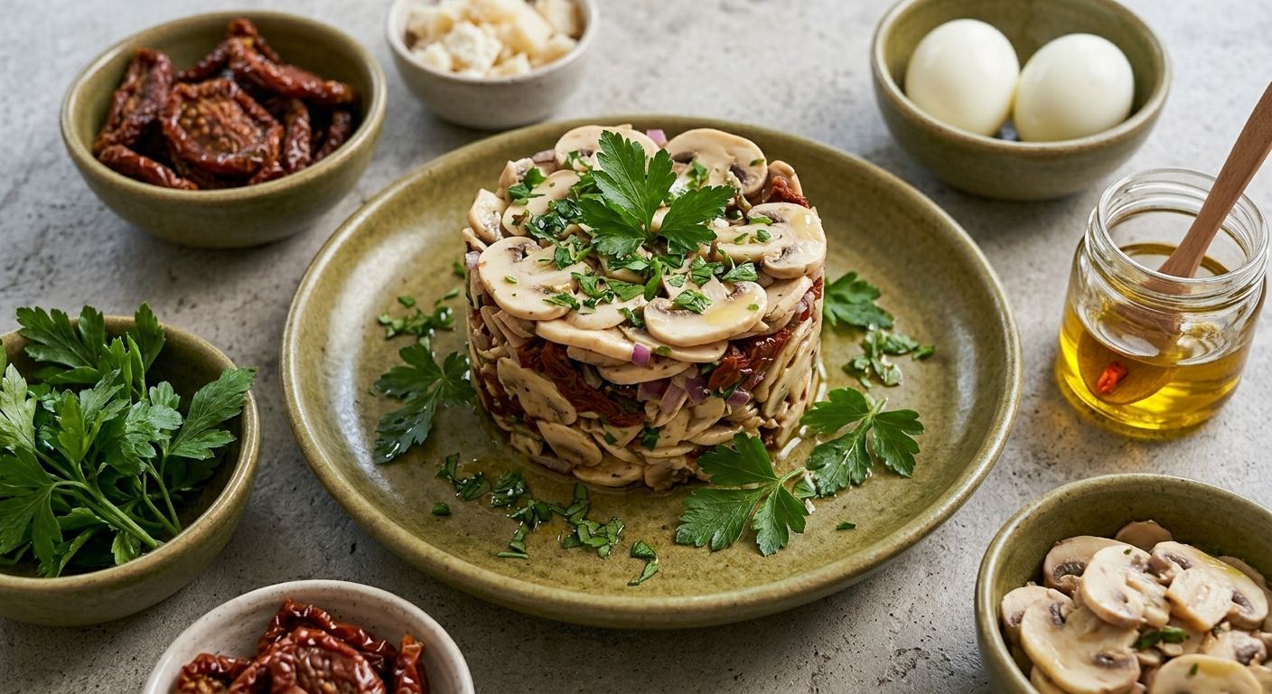 Salade de champignons marinés aux tomates séchées